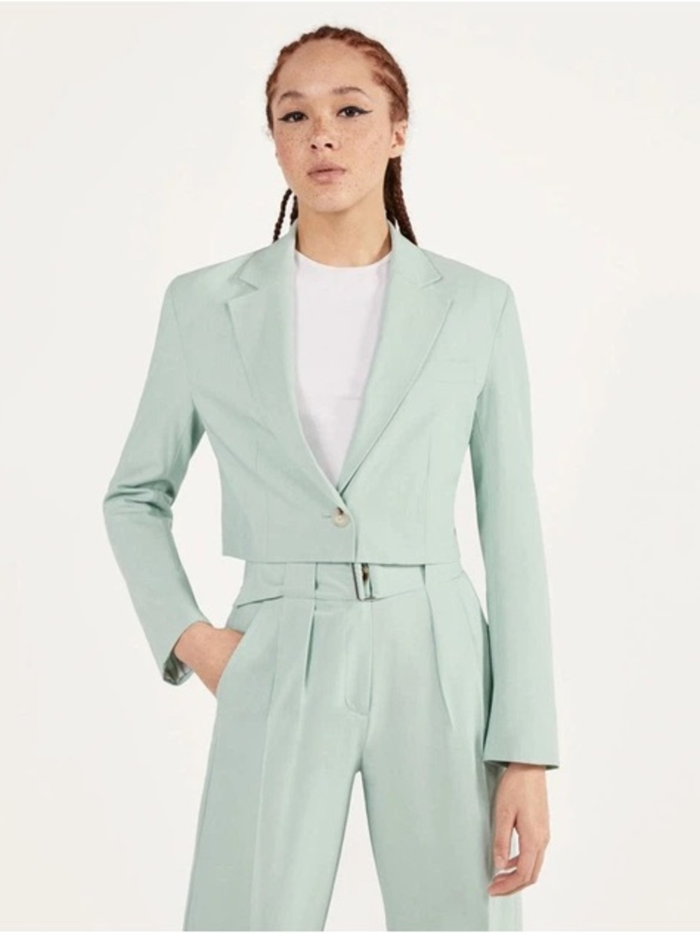 Bershka Mint Green Cropped Tailored Blazer